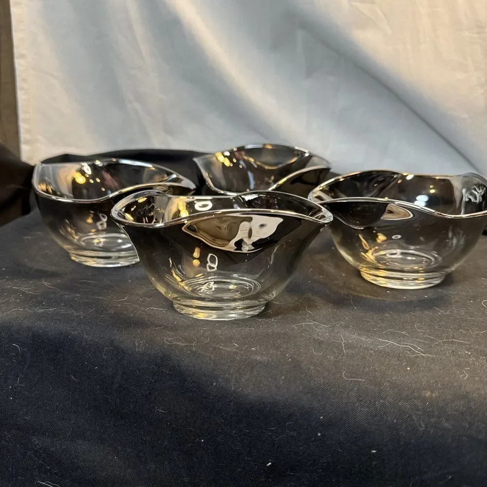 Vintage MCM‎ Silver Fade Glass Bowls (4) Serving Salad Bowl Retro 70's Tableware